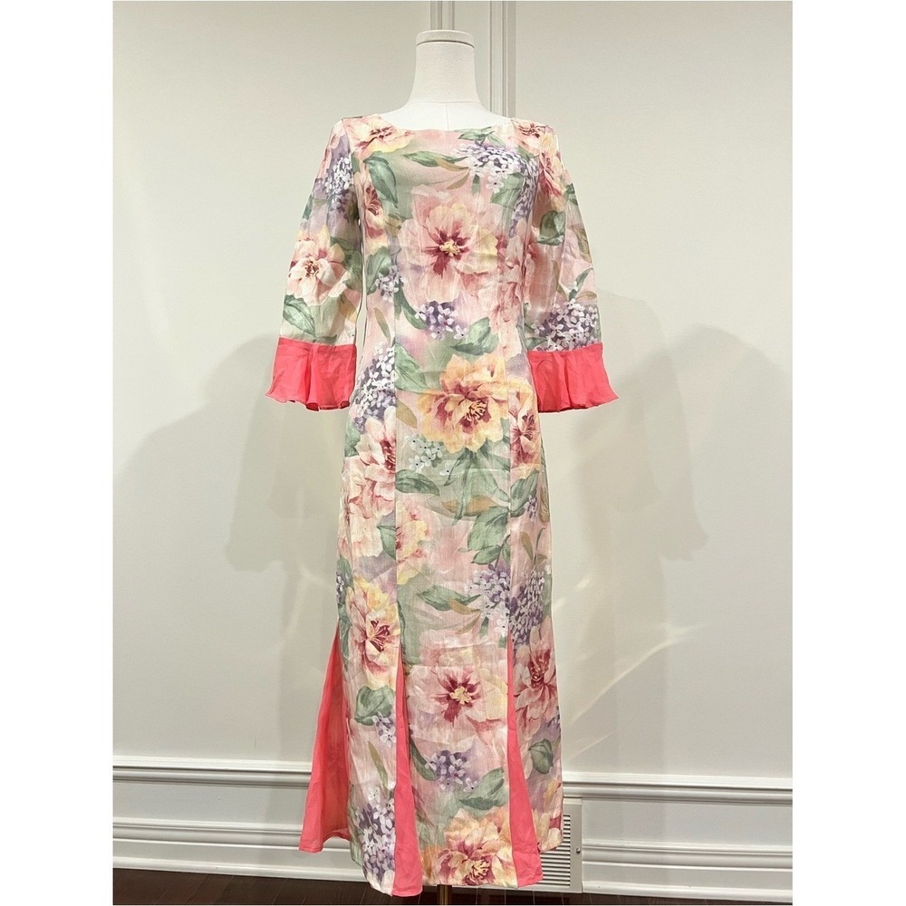 Castiliano Vintage Floral Linen Look Godet Maxi Dress Bell Sleeve Pink Green 6